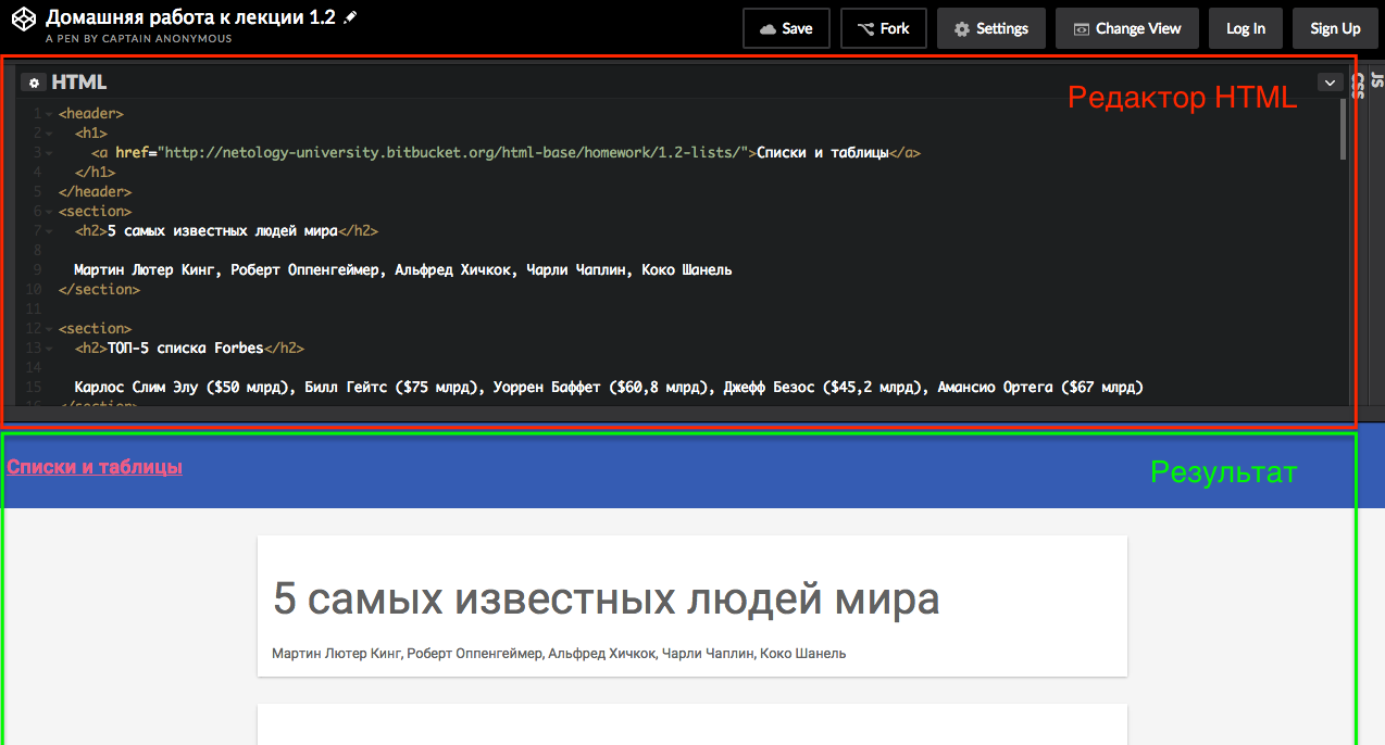 Интерфейс Codepen